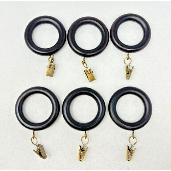 1 1/2" Inch Wooden Curtain Drapery Rings w/ Hook Clips Set of 6 Dark Brown - Picture 1 of 3